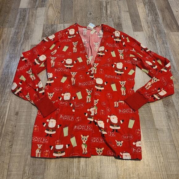 Rudolph red nose reindeer xs women's button down long sleeve scrub top - Picture 1 of 6